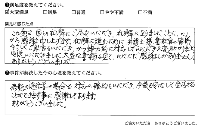 弁護士様、書記官の皆様やさしくご助言をいただき、かつ精力的に対応していただき大変助かりました