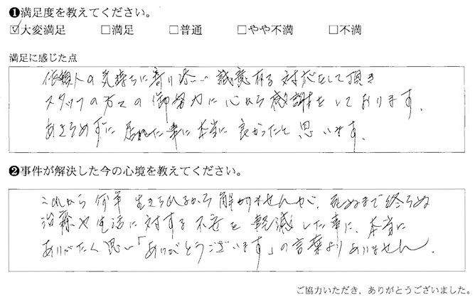 誠意有る対応して頂き、スタッフの方々の御努力に心から感謝をしております